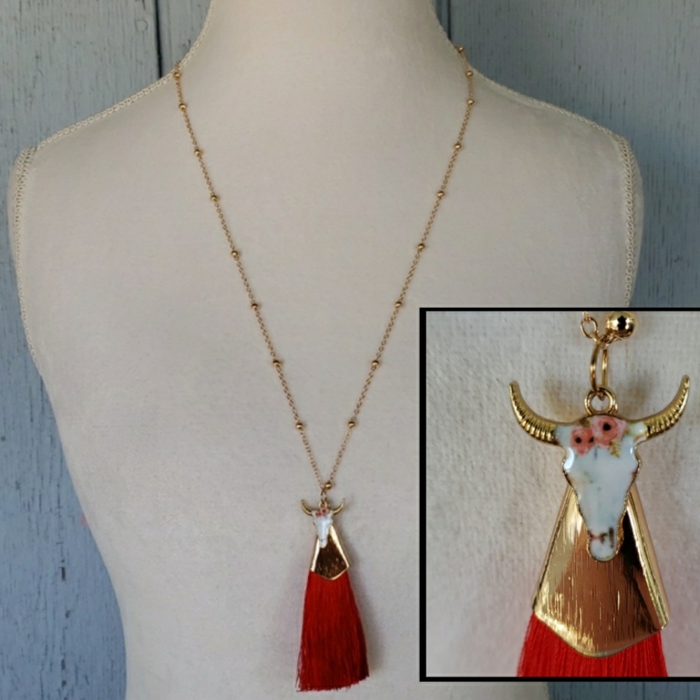 Steer Head Necklace Western Country Vaquera Bull Head Rodeo Floral Cowgirl Cow